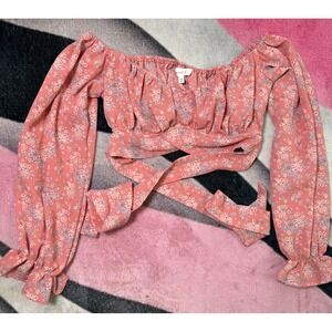 Better Be Pink Floral Off The Shoulder Wrap Tie Crop Top Long Sleeve Small